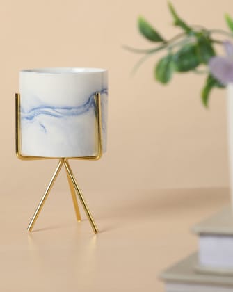 White & Blue Marble Ceramic Planter With Gold Three-Legged Stand-Decor / White/Blue / Ceramic