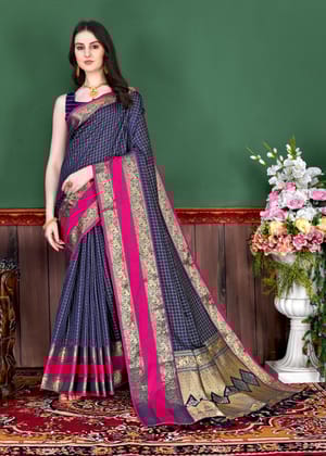 Yavira silk Women's Navy Checked Jacquard Saree