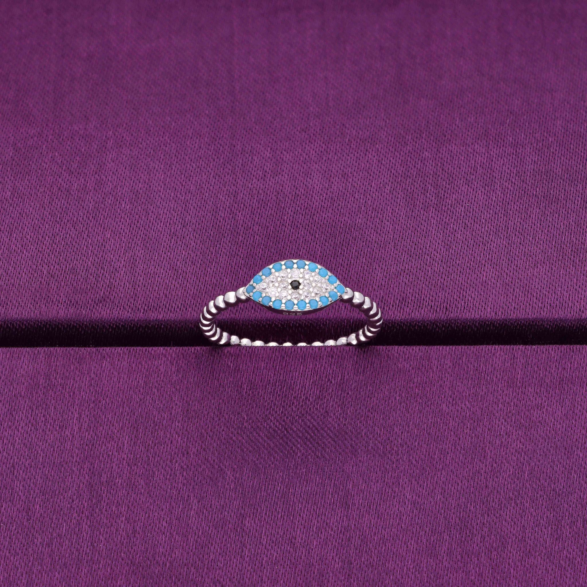 Single Evil Eye Diamond Studded Blue & White Silver Ring-White Stone / Silver / US 6 (16.5 mm Diameter)