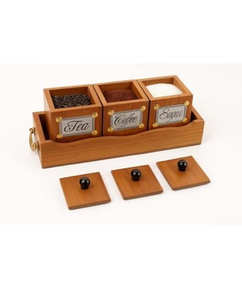 Brown Wooden Tea Coffee Sugar Container Set With Tray, Antique Look Used For Storing Tea & Coffee