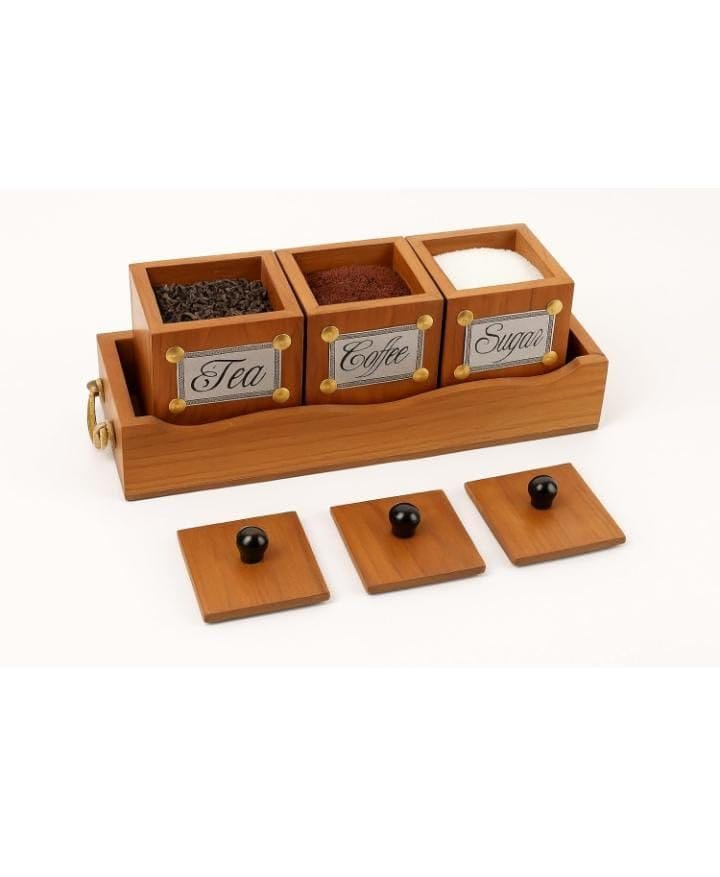 Brown Wooden Tea Coffee Sugar Container Set With Tray, Antique Look Used For Storing Tea & Coffee