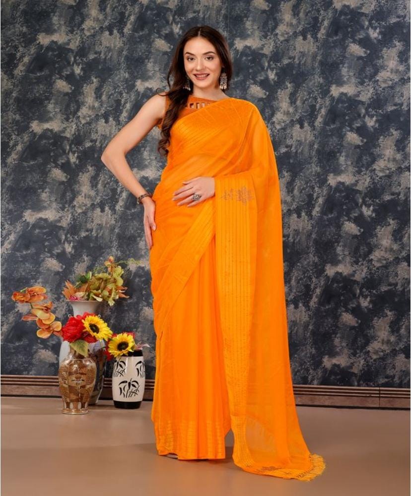 Women's Chiffon Fabric Plain Saree with Unstitched Blouse (Yellow, 5-6 Mtrs)