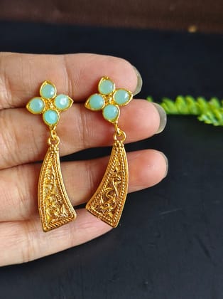 Gold-Plated Earrings with Flower Stones & Sword Shape Design | Sarichka-Mint Blue