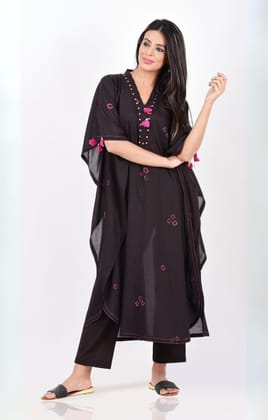 Black Pink Bandhani Kaftan Set of 2-S