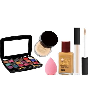 swenky 18color shimmer eyeshadow with loose powder liquid concealer & beauty blender puff (Pack of 5)