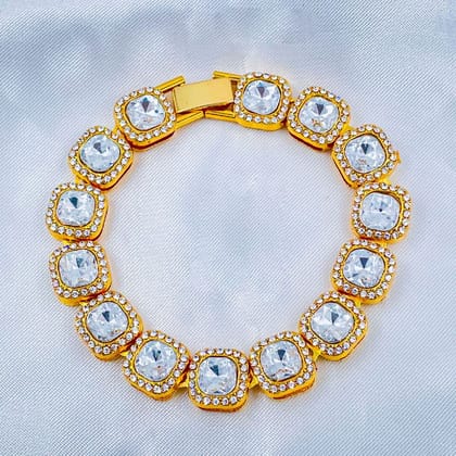 Hip Hop Iced Out Cuban Gold Cushion Cut Rhinestone Studded Alloy Bracelet Men-GOLD