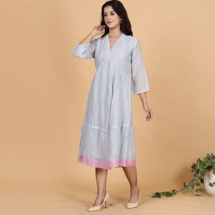 Blue-Grey Chanderi gathered dress with embroidery-XS