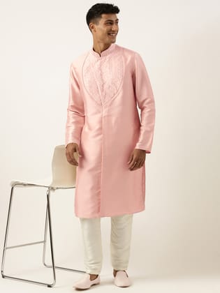 Peach Embroidery Angrakha Kurta Set-XS/36 / Kurta Churidaar Set