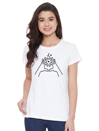 Women's Cotton Blend Heart Hands Line Art Printed T-Shirt S (White)