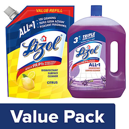 bb Combo Lizol Disinfectant Surface & Floor Cleaner Liquid Lavender 2 L + Refill 1.8 L, Combo 2 Items