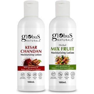 (Set of 2) Globus Naturals Kesar Chandan & Mix Fruit Body Lotion NonGreasy Moisturizer for All Skin Types