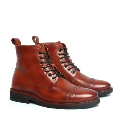 Cognac Leather Brogue Cap Toe Light Weight Boots by Brune & Bareskin-40/6