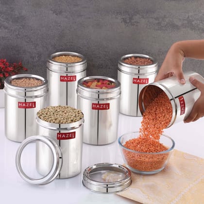 HAZEL Stainless Steel Kitchen Container with Transparent Lid , Top See Through Kitchen Container Set with Matt Finish , Multipurpose Container for Kitchen Storage, 1500 ML, Set of 6