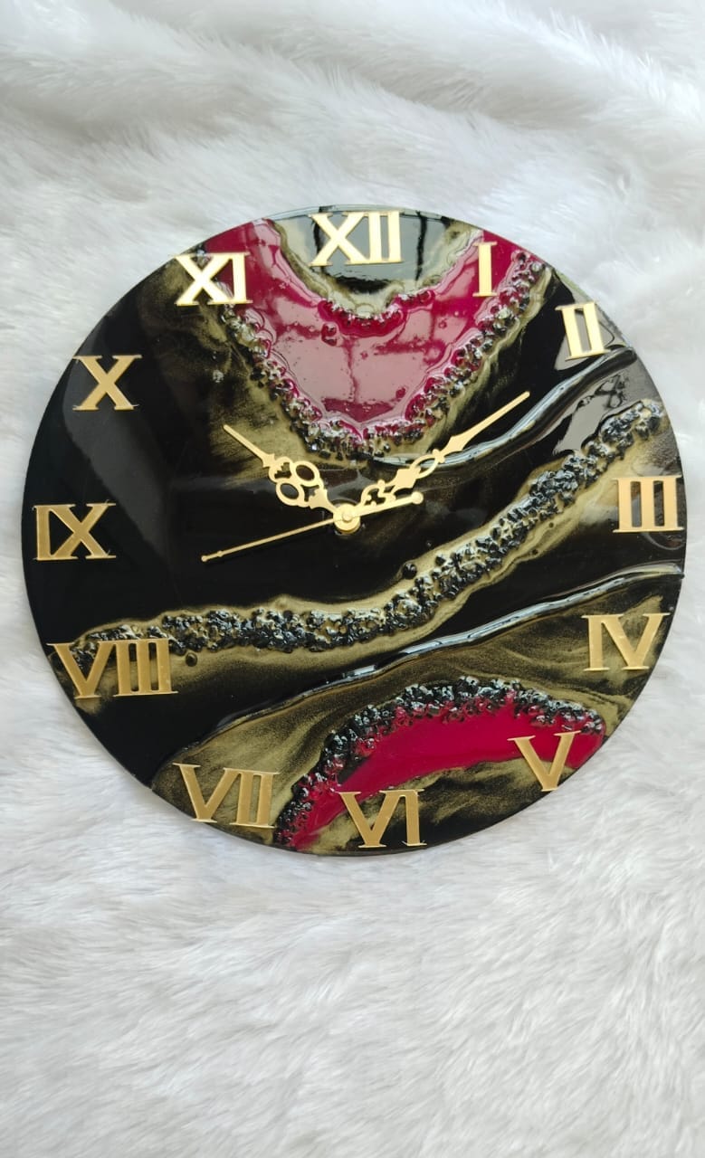 VKR Trading Handmade Luxury Resin Geode Wall Clock Red Black Ash 12 Inch with Roman Letters