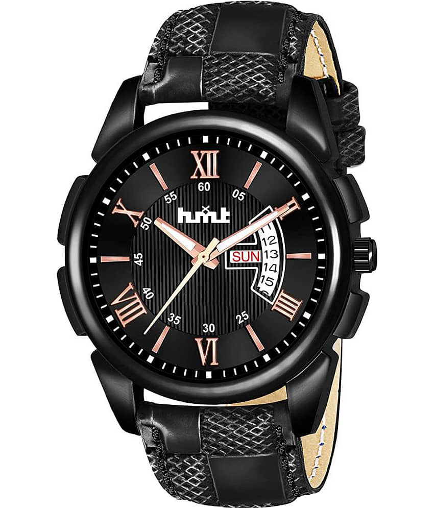 HMXT Black Leather Analog Men's Watch