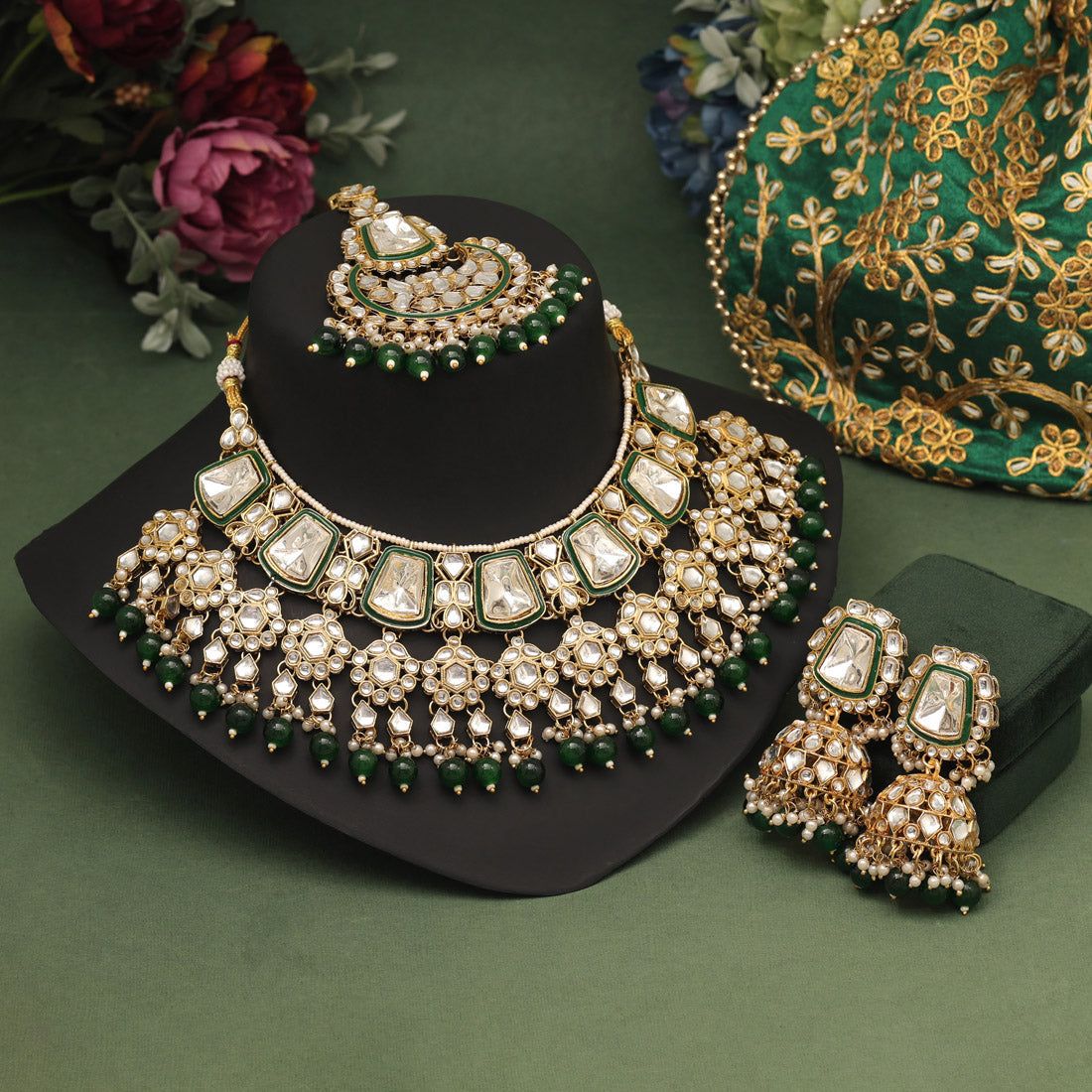 Green Color Kundan Necklace Set-Default Title / Green / Alloy With Good Quality Gold Plated