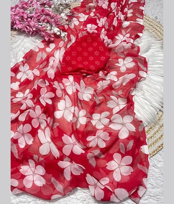 Bhuwal Fashion Georgette Printed Regular Saree With Unstitched Blouse Piece ( Red )