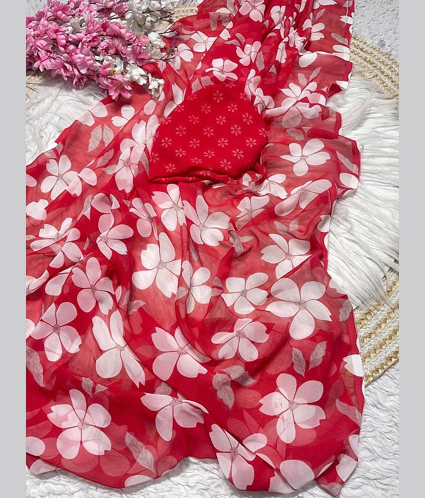 Bhuwal Fashion Georgette Printed Regular Saree With Unstitched Blouse Piece ( Red )