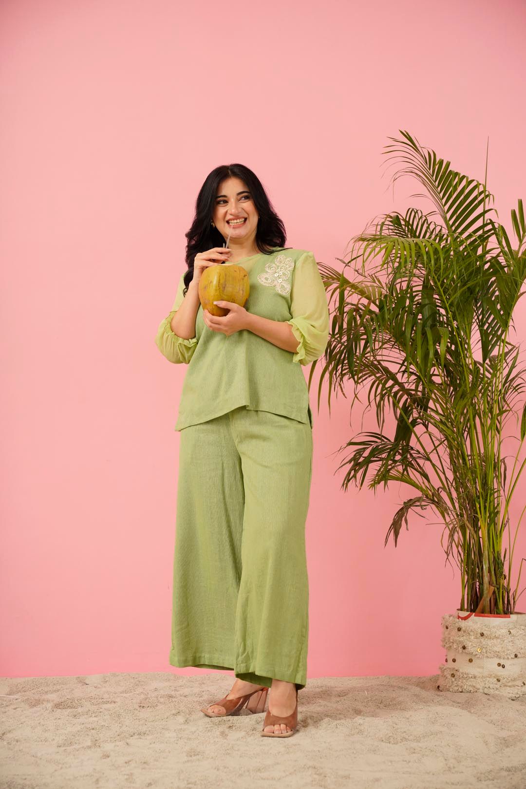 Ethereal Serenity: Pastel Green Co-ord Set with Chiffon Sleeves