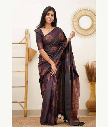 Gazal Fashions Banarasi Silk Woven Saree With Unstitched Blouse Piece ( Brown )