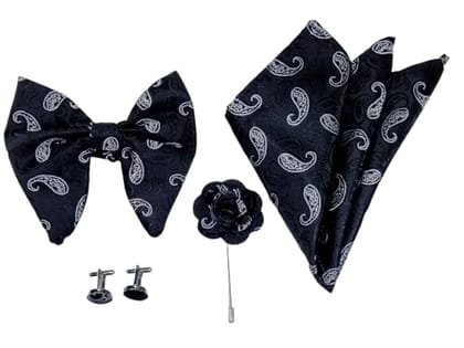 Voici Men's Bow Tie cufflink lapel pin and Powcket Square Combo Satin Microfiber Black grey Colored Free Size - Gray and Black