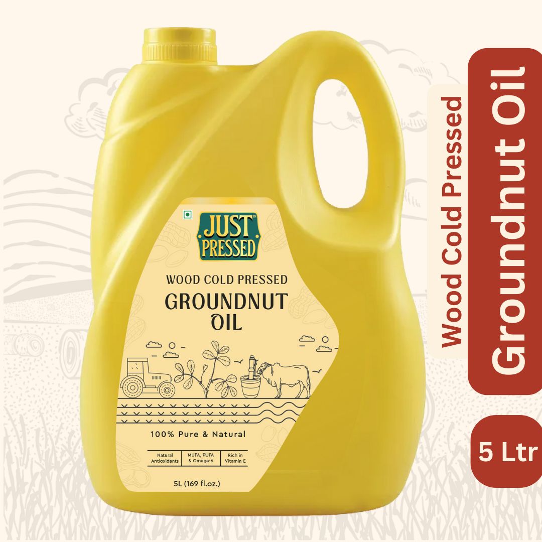 Just Pressed Cold Pressed Groundnut Oil - Premium Wood Pressed Peanut Oil, Pure & Natural Multipurpose Oil, Edible Cold Pressed Oil Extracted On Wooden Churner 5 litres