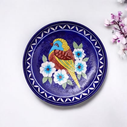 Handcrafted Blue Pottery Decorative PlateBird and Floral Pattern