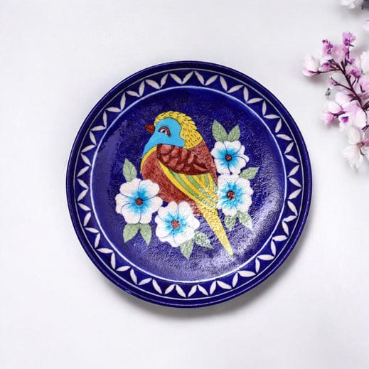 Handcrafted Blue Pottery Decorative PlateBird and Floral Pattern