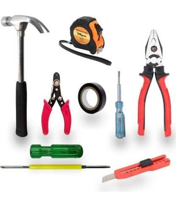 Aldeco Hand Tool Kit- Claw Hammer, Measuring Tape, Wire Cutter, Tape, Tester, Plier, 2in1 Screw Driver & Blade Cutter. Combination Hand Tools For Domestic & Industrial Purpose.