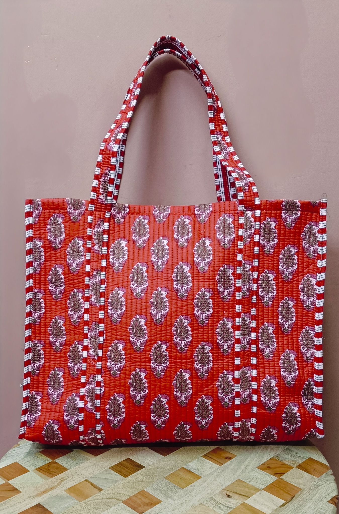 Handblock Printed Quilted Tote Bag without zip/button 17x18x 6 inches