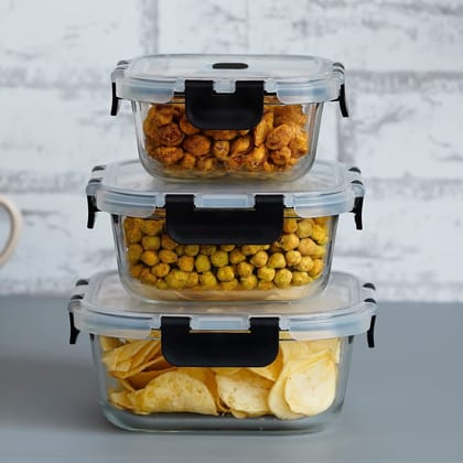 Femora Borosilicate Glass Microwave Safe Square Food Storage Container with Air Vent Lid, 300 m.l, 500 ml, 800 ml (Set of 3)