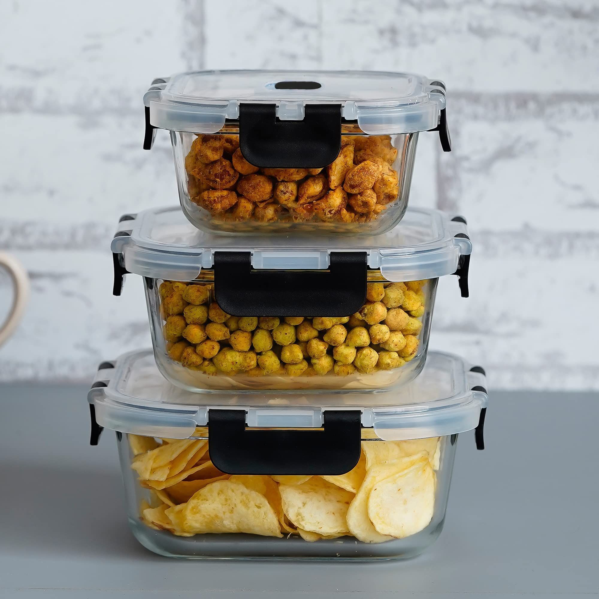 Femora Borosilicate Glass Microwave Safe Square Food Storage Container with Air Vent Lid, 300 m.l, 500 ml, 800 ml (Set of 3)