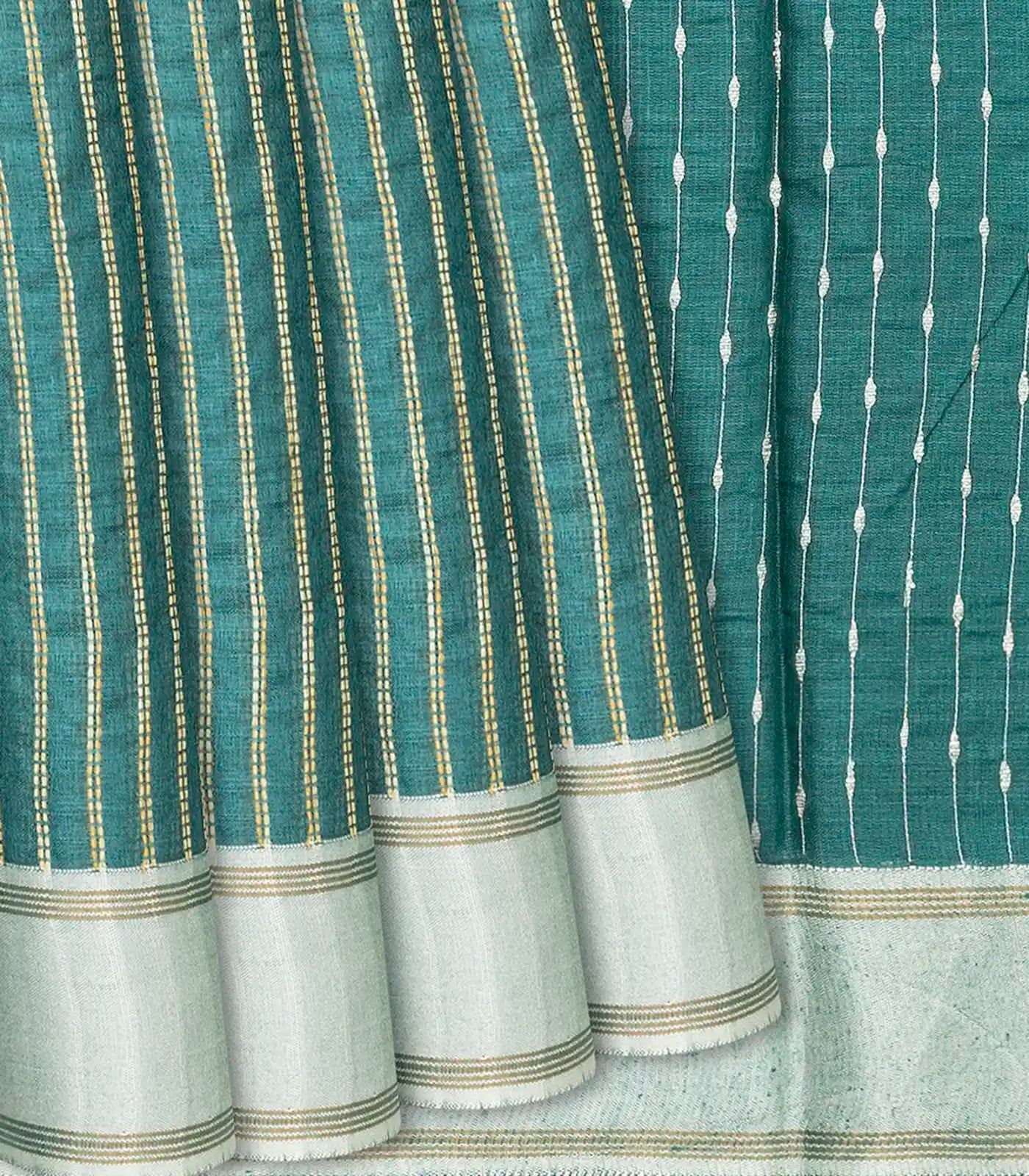 Shadow Green Woven Tussar Silk Saree With Dotted Stripes-Shadow Green-Shadow Green