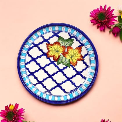 Handcrafted Blue Pottery Floral Decorative PlateWhite and Blue