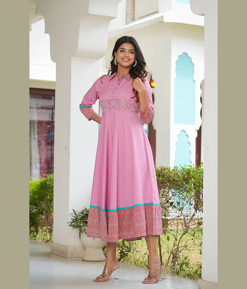 Yash Gallery Polyester Embroidered Midi Women's Fit & Flare Dress - Pink ( Pack of 1 )