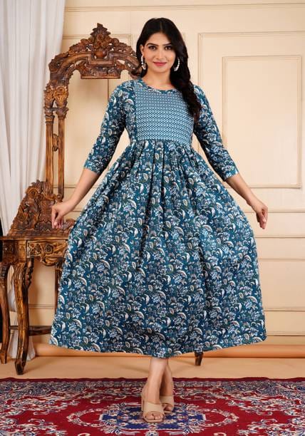 Women Printed Cotton Blend Anarkali Kurta  (Blue)