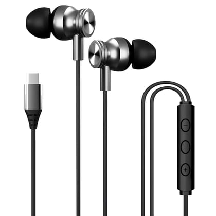 Kratos Tune V4 C Type Earphones Wired, 13mm Bass Drivers Earphone, Inline Control Type c Headphones with Mic, Sweat Resistant, Comfort Fit Type c Earphone with Volume Control,Metallic c pin Earphones