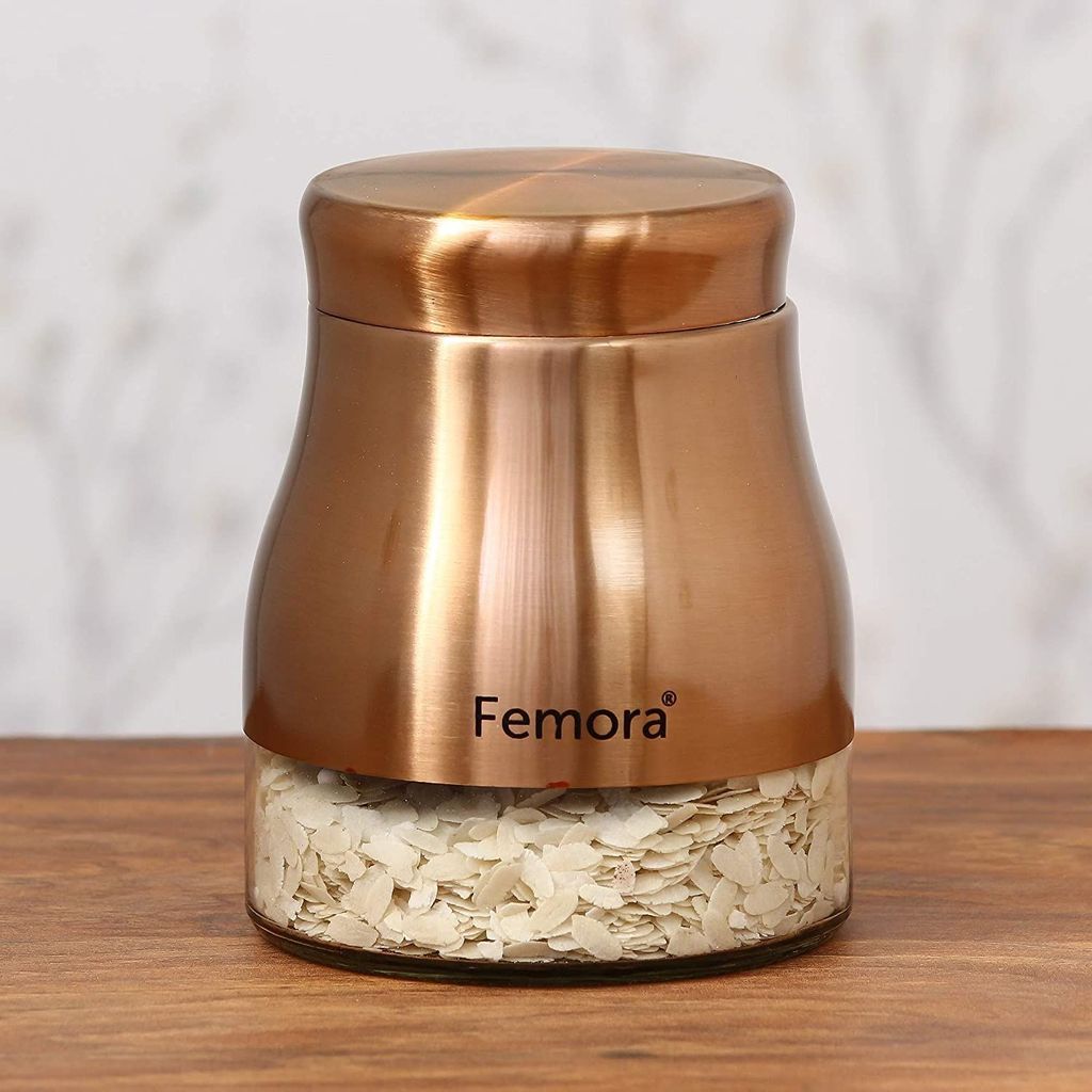 Femora Copper Metallic Clear Glass Kitchen Storage Jars, 900 ml (Set of 2) replacement of Lids