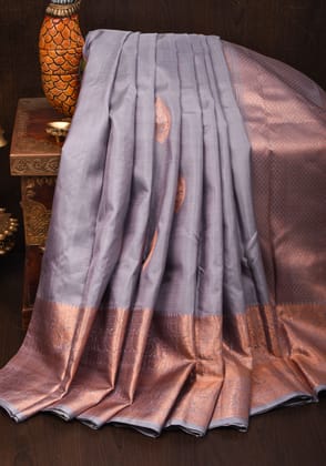 Gray Kanjivaram Pure Silk Saree with Damask Motifs with wide zari copper border | SILK MARK CERTIFIED