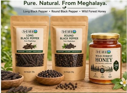 ABANI Farms Meghalaya Wellness Combo | Long Black Pepper (50g) + Round Black Pepper (50g) + Wild Forest Honey (200ml)