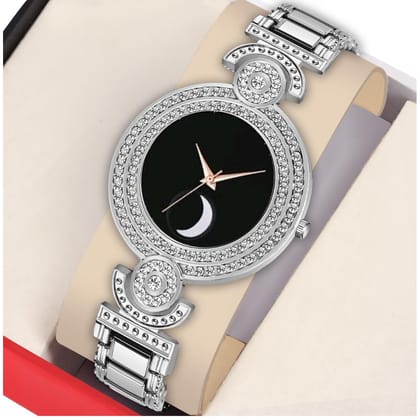 Bolun Black Half Chand Dial Silver BD Girls and Women Watch