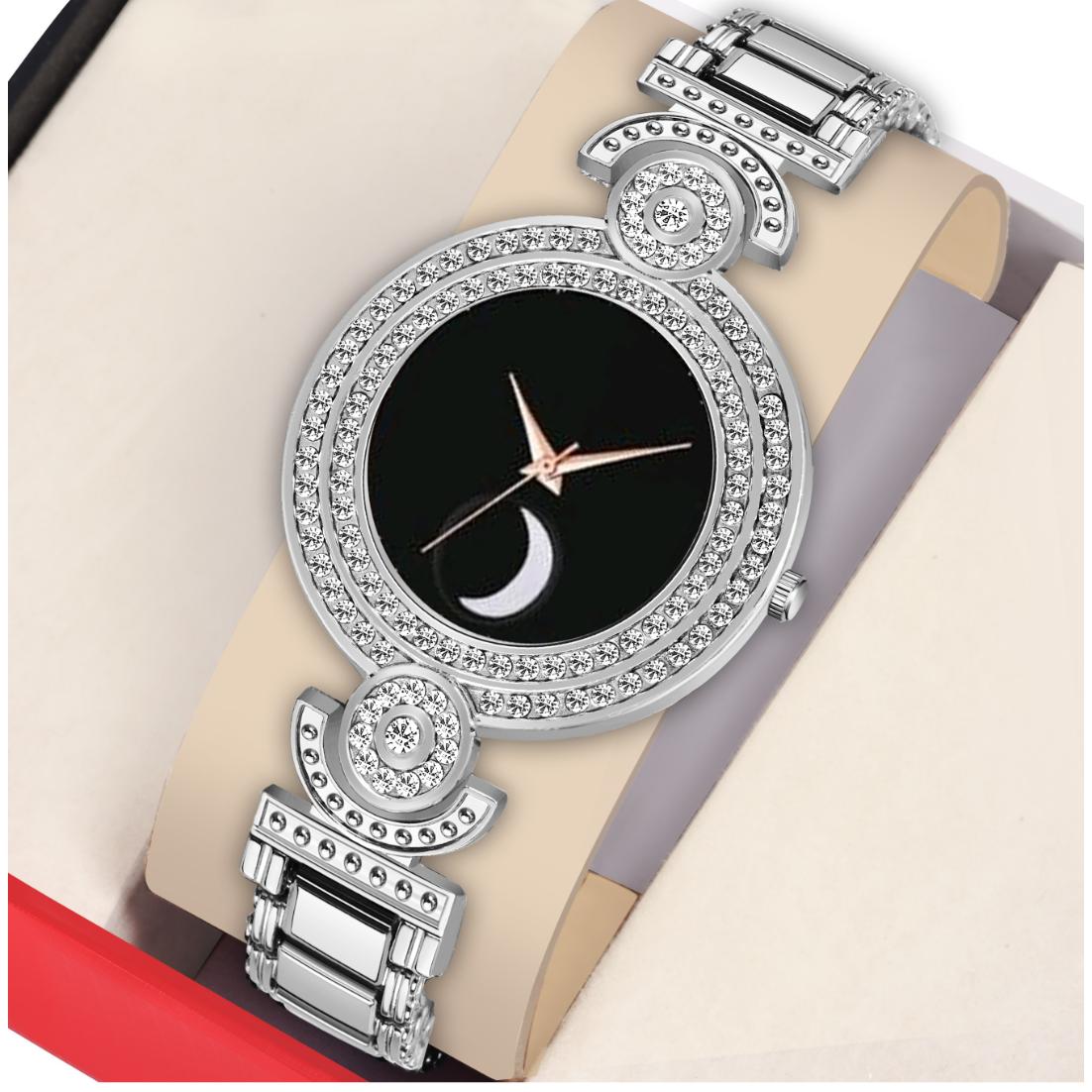 Bolun Black Half Chand Dial Silver BD Girls and Women Watch