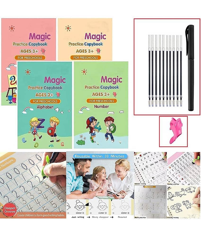 Sank Magic Practice Copybook, (4 BOOK + 10 REFILL+ 1 Pen + 1 Grip) magic book for kids - magic book, magic practice book, sank magic practice book, magic practice copybook, sank magic practice copybook, magic book for kids