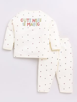 Cream Stars Print Full Sleeve Night Suit-3-6 m