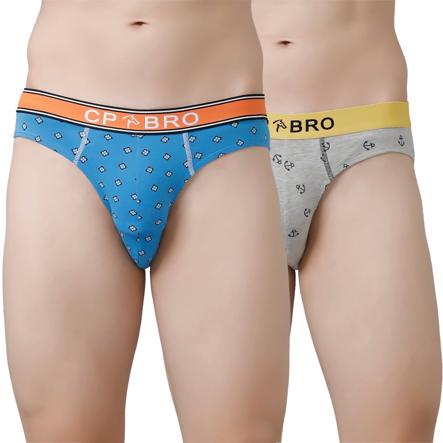 CP BRO Men's Printed Briefs with Exposed Waistband Value Pack - Blue & Grey Anchor (Pack of 2)