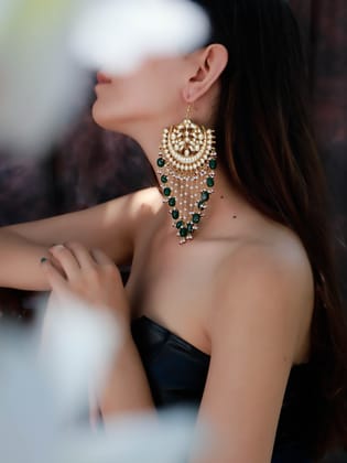 Jasum Green Kundan Chandbali Earrings-Green