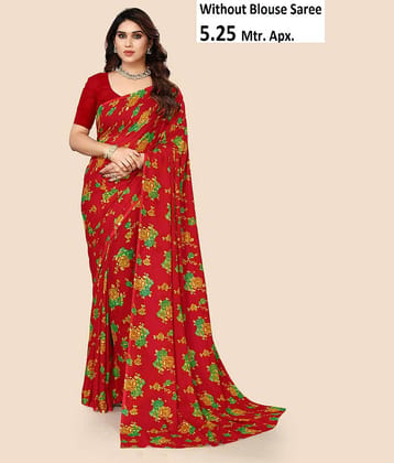 Kanooda Prints Georgette Printed Saree With Unstitched Blouse Piece ( Red )
