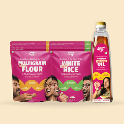STAPLE BUNDLE Cold Pressed Mustard Oil, Low GI White Rice, and Multigrain Flour
