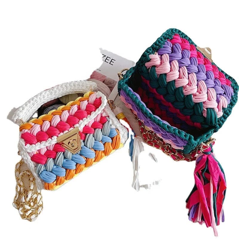 Bohemian Crochet Women Shoulder Bags Knitting Tote Bag With Chain Casual Lady Handbags Big Shopper Purses Summer Beach Bags