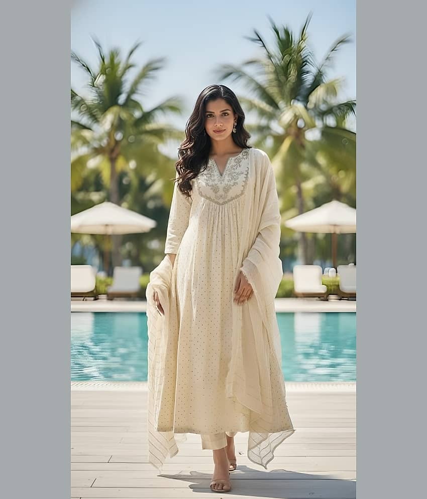 Hiva Trendz Women Polyester Solid Straight Kurti With Pants ( Cream )